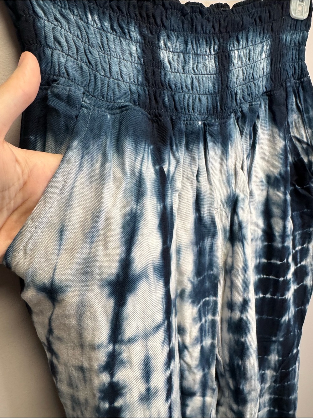 Rewash Navy and White Tie-Dye Smocked Waist Linen Pants - Picture 2 of 7